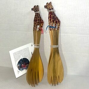 Global Crafts Fun & Funky Safari Wooden Giraffe Salad Servers Set of 4